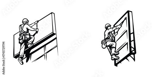 Minimalist line art sketch of a sign board worker black silhouette style vector art design
