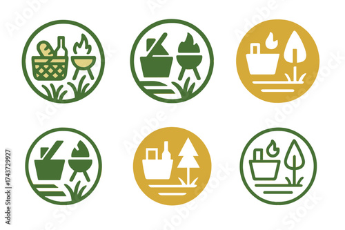 Leisure Emblem Variations. Outdoor leisure (picnics, barbecues). Set Logo of leisure badge: circular emblem with picnic and barbecue icons. harmonious logo