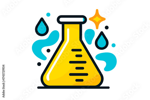 Laboratory Flask Icon. Measuring Flask Icon. A glowing laboratory flask with measurement lines, abstract floating drops and spark shapes surrounding it. Modern
