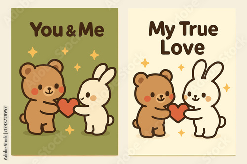 Kawaii Banner Affection. Affection. Two vertical A6 banners, kawaii, olive green and cream backgrounds, cute characters exchanging a heart-shaped note with