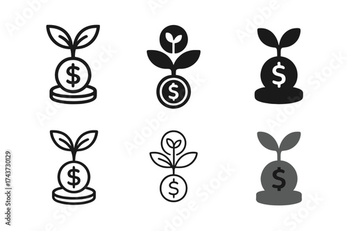 Startup Growth Logos. Investing in startups. Set Logo of seed growth: sprouting plant with investment coin. harmonious logo variations of the same emblematic