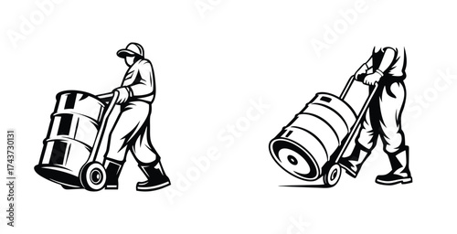 Minimalist line art sketch of a worker moving drum black silhouette style vector art design