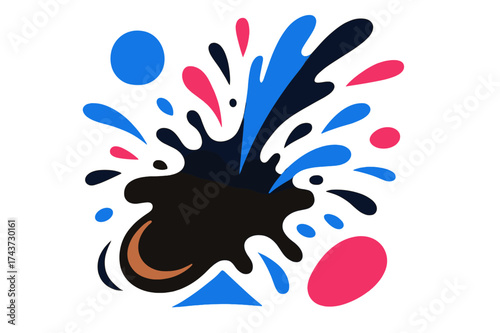 Dynamic Coffee Splash. Coffee Splash. Abstract splattered coffee stain with droplets floating outward like sparks, dynamic and artistic. Modern flat-line