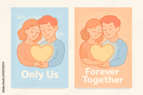 Soulmates in Pastels. Soulmates. Two vertical A6 banners with safe margins, centered composition, no elements touching edges, pastel style, sky blue and peach,