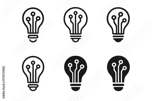 Innovative Lightbulb Logos. Artificial intelligence in business. Set Logo of innovation lightbulb: lightbulb integrated with AI circuits. harmonious logo