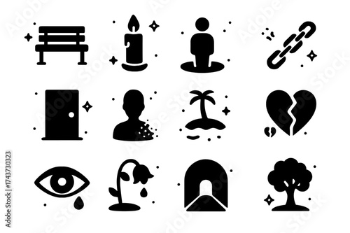 Lonely Icons Collection. Loneliness. Solid icons set of empty bench, single candle, shadow figure, broken chain, closed door, fading silhouette, deserted
