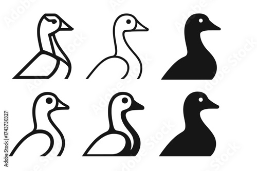 Diverse Goose Logos. Geese. Set Logo of Wildlife: Close-up of a single goose in profile. harmonious logo variations of the same emblematic concept, each with