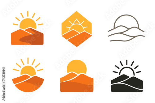 Sunrise and Sunset Logos. Sunrise and sunset over natural landscapes. Set Logo of Sunrise and sunset over natural landscapes: Desert dunes at