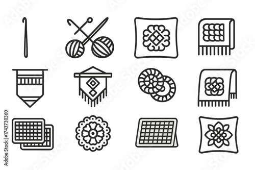 Crochet Knitting Icon Set. Crochet and knitting patterns for home decor. Line icon set of Crochet and knitting patterns for home decor: crochet hook, knitting