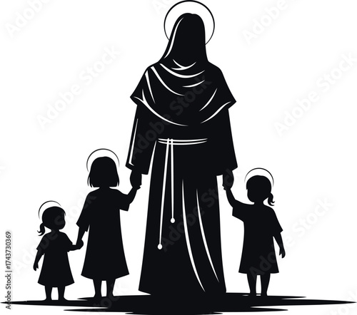 Jesus with halo holding little children vector illustration silhouette. Jesus walking with children, discipleship into christian faith. 