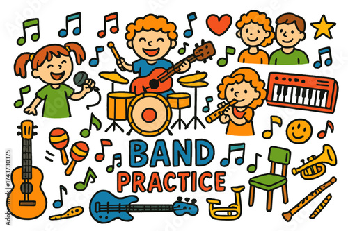 Colorful Band Practice Doodle. Band Practice. Colorful Hand-drawn doodle Children illustration drum set, guitar, bass, keyboard, microphone, family, star,