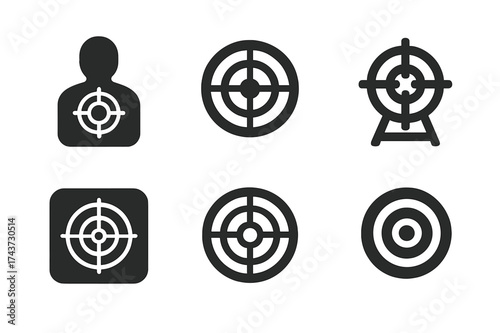 Target Practice Icons. Army training ground. Set Logo of target practice board: Stylized detail, Iconic shape, Minimal outline, Flat solid, Abstract geometric,