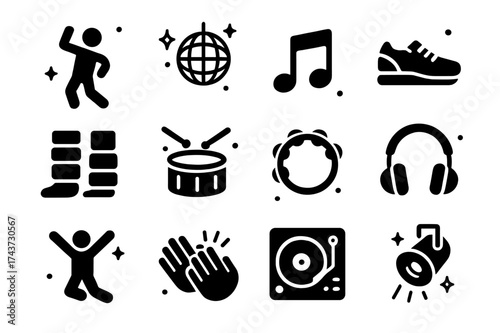 Dance Fitness Icons. Dance Fitness. Solid icons set of Dance Fitness: dancer figure, disco ball, music note, sneakers, leg warmers, drum, tambourine,
