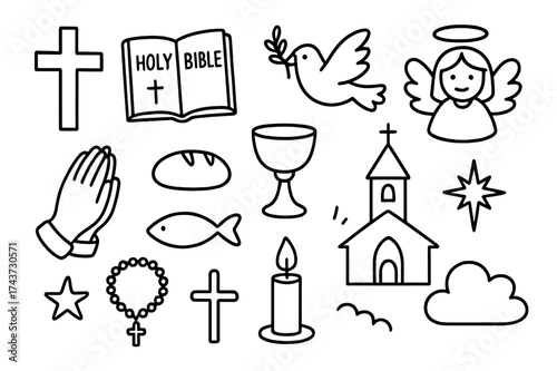 Christian Symbols Doodle. Christianity. Hand-drawn doodle illustration christianity cross, bible, church, dove, chalice, bread, fish, praying hands, rosary,