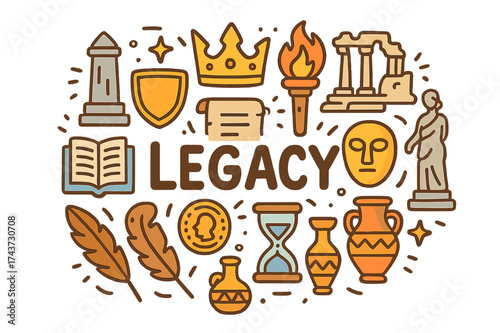 Legacy Icons Illustration. Legacy. Hand-drawn doodle illustration of Legacy. monument, crown, torch, scroll,
