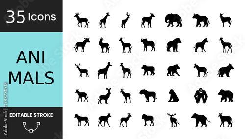 35 Wildlife Animal Black Silhouettes Icons: Editable Vector Graphics for Deer, Bears, Monkeys, and Other Wild Creatures