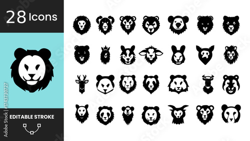 28 Animal Face Icons: Vector Silhouettes of Lions, Bears, Pandas, and Wildlife Heads. Black Editable Stroke Graphics Pack