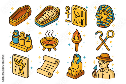 Ancient Burial Icons. Burial rituals. Colorful isometric vector icons set of burial rituals: sarcophagus, mummy, hieroglyphs, burial mask, canopic jars,