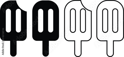Set of four popsicle iceream icons, two solid black and two outlined, with one of each pair appearing bitten