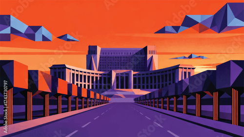 Illustration Of The Giant Palace Of Parliament With Wide Roads During A Dramatic Afternoon Atmosphere Vector Design Template
