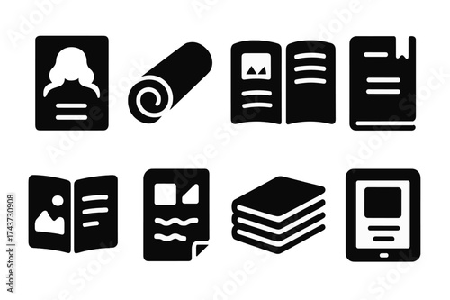 Magazine Icon Set. Magazines. Filled icon set of Magazines: fashion cover, rolled magazine, open spread,
