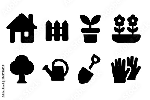 Home Garden Icons. Home garden. Filled icon set of Home garden: house, fence, potted plant, flower bed, tree,