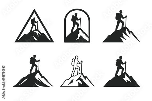 Mountain Trek Logos. Travel destinations. Set Logo of mountain trek: hiker silhouette on mountain peak. harmonious logo variations of the same emblematic