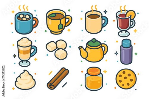 Warm Drink Icons. Warm Drinks. Colorful isometric vector icons set of warm drinks: hot chocolate mug, tea cup, coffee mug, mulled wine glass, latte cup,