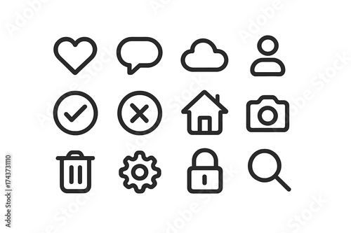 Symmetrical Icon Set. Equal spacing between icons and equal margins on the edges. Uniform icon size across the