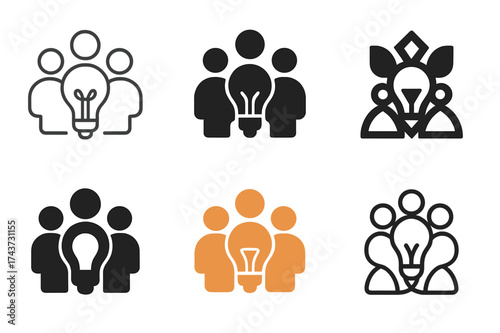 Creative Team Logos. Collaboration in creative teams. Set Logo of idea sharing: multiple figures around a lightbulb. harmonious logo variations of the same