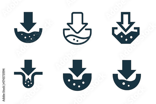 Dynamic Arrow Logos. Drain cleaning chemicals. Set Logo of strong arrow: downward arrow penetrating clog. harmonious logo variations of the same emblematic