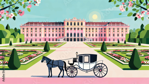 ilustrasi Istana Sch?nbrunn megah dengan taman simetris, kereta kuda klasik, suasana musim semi.eps