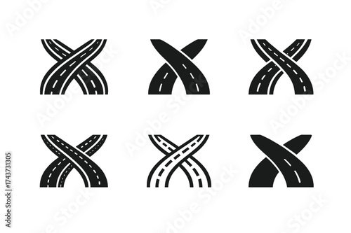 Diverse Road Network Logos. Infrastructure development in emerging markets. Set Logo of road network: intersecting highway paths. harmonious logo variations of