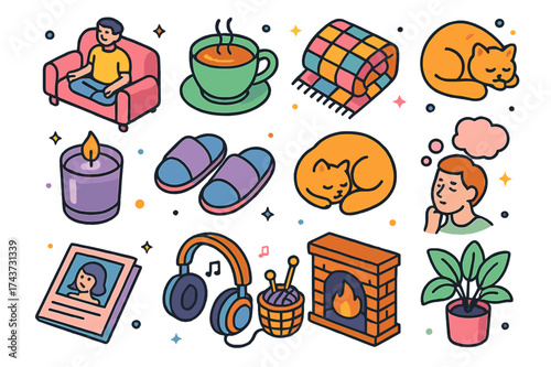 Isometric Relaxation Icons. Relaxation. Colorful isometric vector icons set of Relaxation: person meditating on couch, cup of tea, cozy blanket, scented