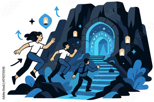 Enchanted Mountain Temple. Mountain gate. Hidden temple carved into cliffs, glowing lanterns floating upward