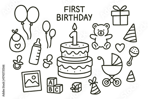 First Birthday Doodle. Union. Two vertical A6 banners with safe margins, centered composition, no elements touching edges, geometric style, turquoise and