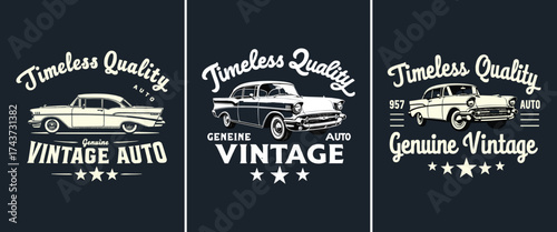 Vintage car badge collection with timeless quality typography, genuine auto classic emblem, retro 1950s monochrome vector design