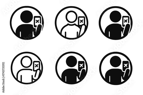 Travel Icon Logos. Taking travel selfies. Set Logo of circular badge: person holding phone with travel icon inside circle. harmonious logo variations of the