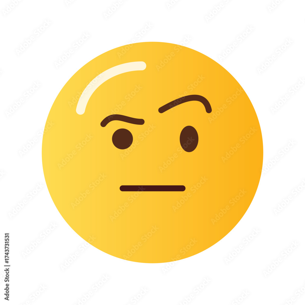 Fototapeta premium A yellow emoji face with raised eyebrows and a straight line for a mouth expressing skepticism or confusion