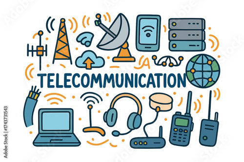 Telecom Doodle Illustration. Telecommunication. Hand-drawn doodle illustration of Telecommunication. Phone