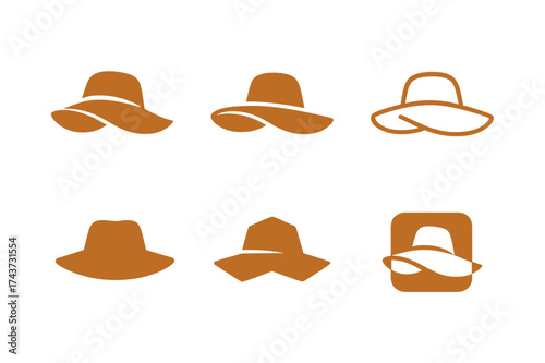 Fall Fashion Logos. Fall fashion accessories (gloves, hats, boots). Set Logo of wide-brim hat: autumn hat silhouette. harmonious logo variations of the same