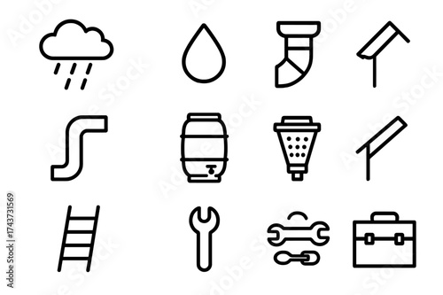 Rainwater System Icons. Rainwater system. Line icon set of rainwater system: rain cloud, droplet, gutter pipe, downspout, rain barrel, filter, roof edge,