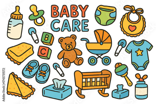 Colorful Baby Essentials. Baby Care. Colorful Hand-drawn doodle Children illustration Milk bottle, pacifier, rattle, diaper, bib, stroller, baby shoes, toy