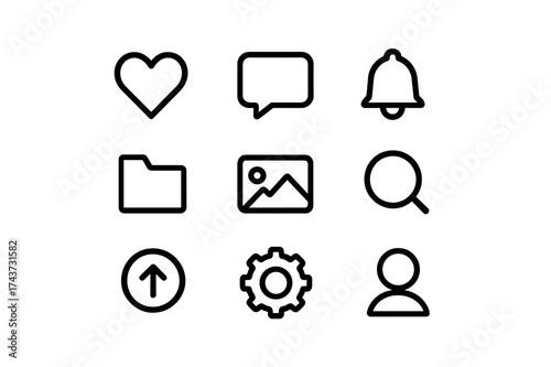 Uniform Icon Set. Equal spacing between icons and equal margins on the edges. Uniform icon size across the set