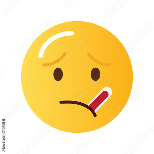Sad yellow emoji face with thermometer in mouth indicating illness and fever