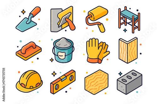 Colorful Wall Icon Set. Wall finishing. Colorful isometric vector icons set of wall finishing: plaster trowel, cement smoothing, paint roller, scaffolding,