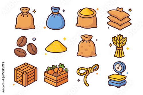 Colorful Storage Icons. Storage solutions. Colorful isometric vector icons set of storage solutions: burlap sack, tied bag, open sack, stacked sacks, coffee