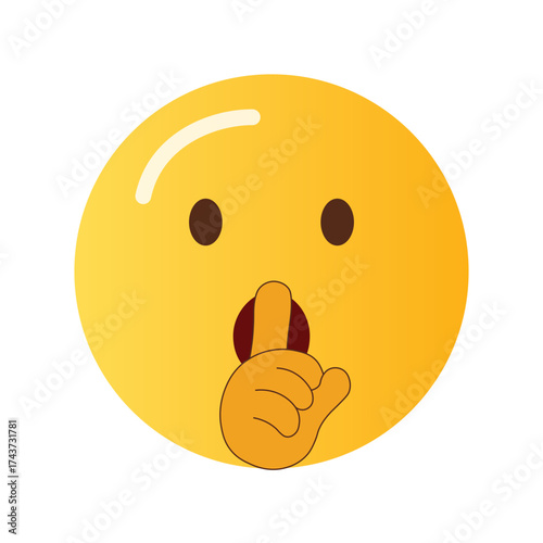 Yellow emoji face with finger over mouth making a shushing gesture and eyes wide in surprise