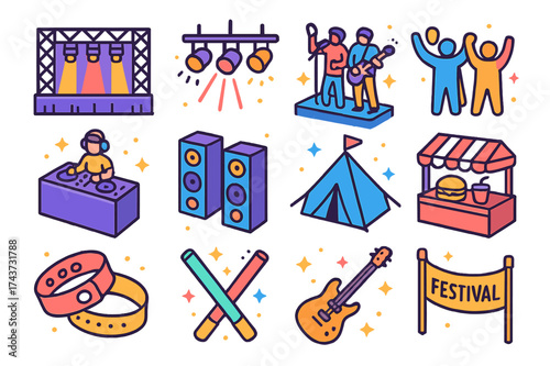 Concert Stage Icons. Concert stage. Colorful isometric vector icons set of concert stage: stage lights, performers, crowd, DJ booth, speakers, tents, food