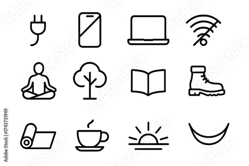 Digital Detox Icons. Digital detox and tech-free living. Line icon set of Digital detox and tech-free living: unplugged power cord, switched off phone, closed